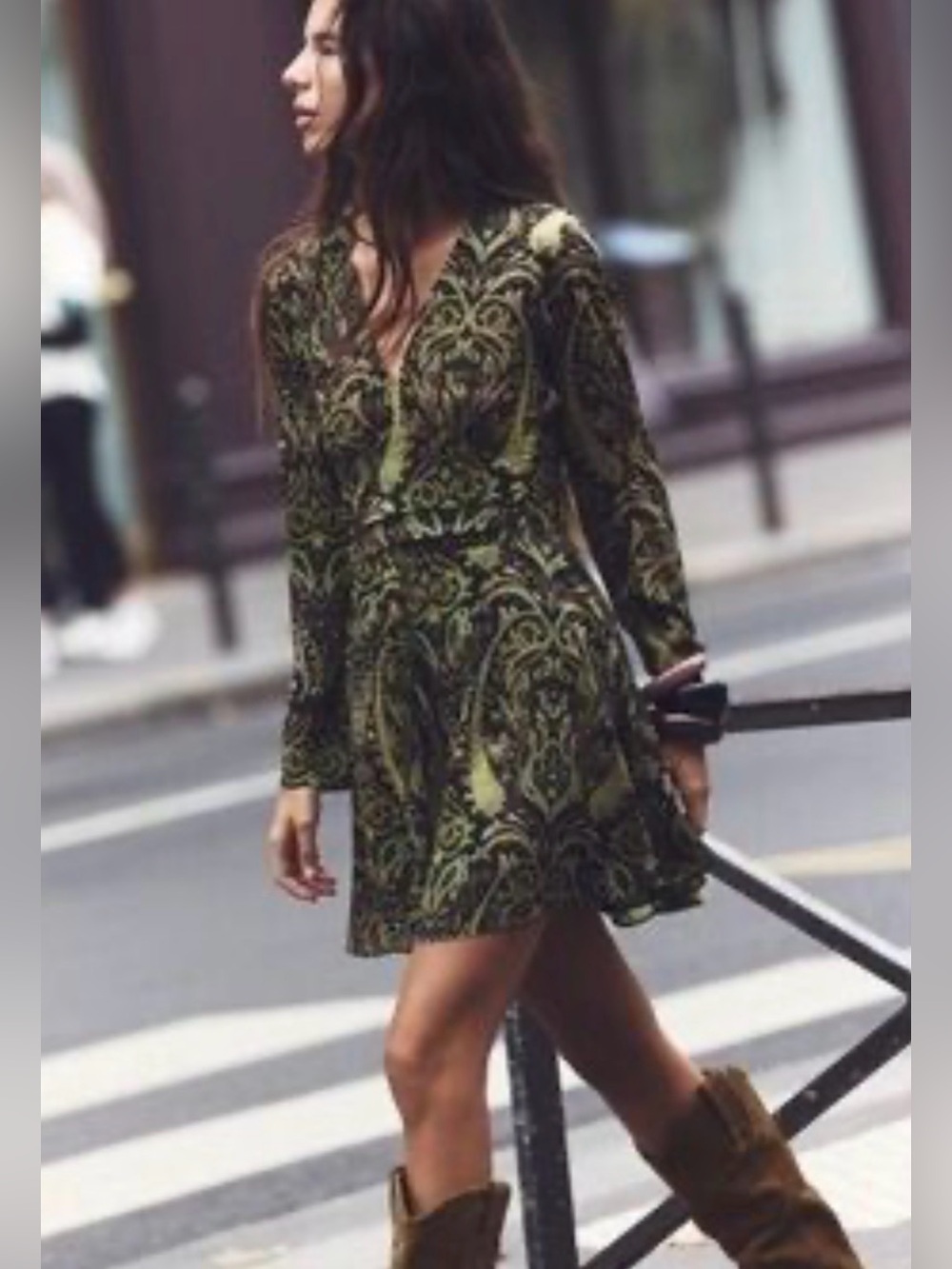 Zara Paisley Long-Sleeve Dress in Black and Olive